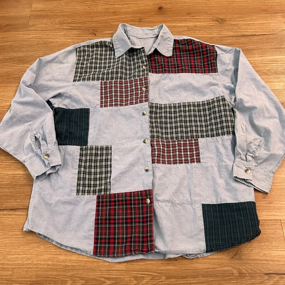 Vintage 90s Patchwork Plaid Chambray Shirt Oversized Colorblock Grunge XL -